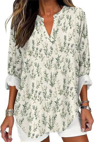 Womens Dressy Casual Boho Shirts Loose V Neck Floral Print T-Shirts Plus Size Long Sleeve Irregular Hem Tunic Tops in Saudi Arabia