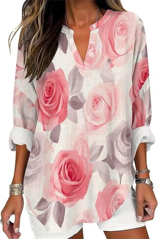 Womens Dressy Casual Boho Shirts Loose V Neck Floral Print T-Shirts Plus Size Long Sleeve Irregular Hem Tunic Tops in Saudi Arabia