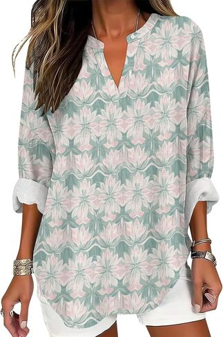 Womens Dressy Casual Boho Shirts Loose V Neck Floral Print T-Shirts Plus Size Long Sleeve Irregular Hem Tunic Tops in Saudi Arabia