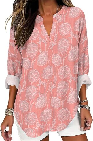 Womens Dressy Casual Boho Shirts Loose V Neck Floral Print T-Shirts Plus Size Long Sleeve Irregular Hem Tunic Tops in Saudi Arabia