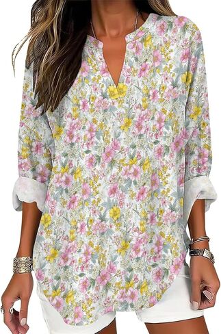 Womens Dressy Casual Boho Shirts Loose V Neck Floral Print T-Shirts Plus Size Long Sleeve Irregular Hem Tunic Tops in Saudi Arabia