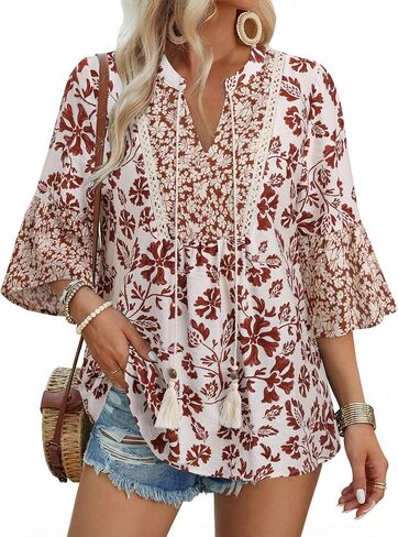 VALOLIA Womens Boho Tunic Tops V-Neck 3/4 Bell Sleeve Flowy Casual Blouse Floral Print Lightweight Summer Vacation Shirt in Saudi Arabia