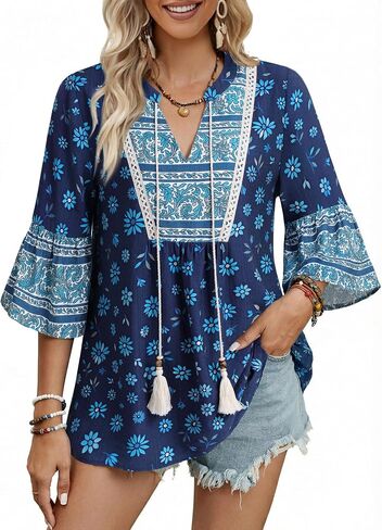 VALOLIA Womens Boho Tunic Tops V-Neck 3/4 Bell Sleeve Flowy Casual Blouse Floral Print Lightweight Summer Vacation Shirt in Saudi Arabia