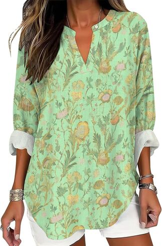 Womens Dressy Casual Boho Shirts Loose V Neck Floral Print T-Shirts Plus Size Long Sleeve Irregular Hem Tunic Tops in Saudi Arabia