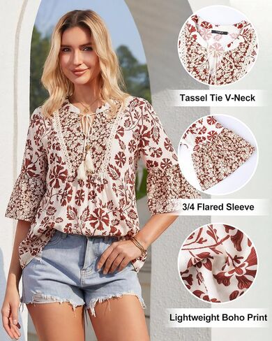 VALOLIA Womens Boho Tunic Tops V-Neck 3/4 Bell Sleeve Flowy Casual Blouse Floral Print Lightweight Summer Vacation Shirt in Saudi Arabia