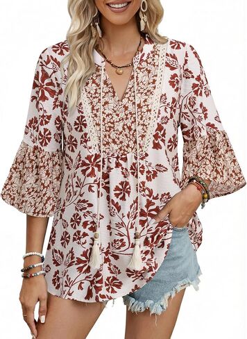 VALOLIA Womens Boho Tunic Tops V-Neck 3/4 Bell Sleeve Flowy Casual Blouse Floral Print Lightweight Summer Vacation Shirt in Saudi Arabia