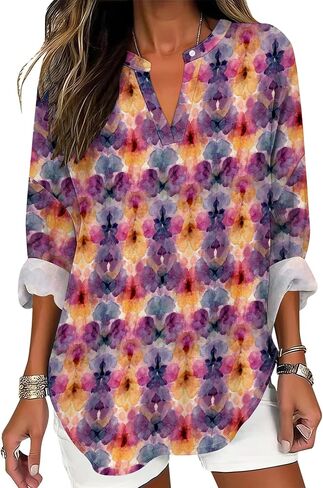 Womens Dressy Casual Boho Shirts Loose V Neck Floral Print T-Shirts Plus Size Long Sleeve Irregular Hem Tunic Tops in Saudi Arabia