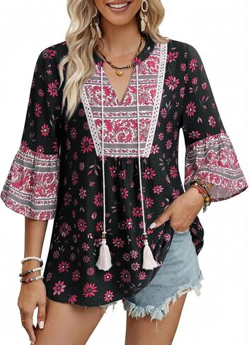 VALOLIA Womens Boho Tunic Tops V-Neck 3/4 Bell Sleeve Flowy Casual Blouse Floral Print Lightweight Summer Vacation Shirt in Saudi Arabia