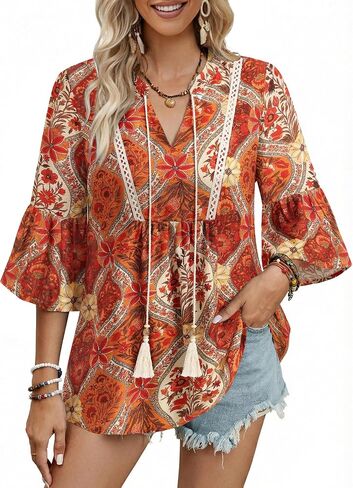 VALOLIA Womens Boho Tunic Tops V-Neck 3/4 Bell Sleeve Flowy Casual Blouse Floral Print Lightweight Summer Vacation Shirt in Saudi Arabia