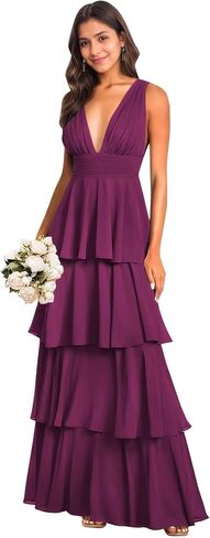 Tiered Chiffon Bridesmaid Dresses for Women Sleeveless V Neck Long Formal Prom Evening Black Tie Wedding Guest Dress in Saudi Arabia