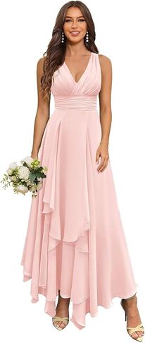 Sleeveless V Neck Bridesmaid Dresses for Women Long Tiered Chiffon A-Line Formal Wedding Guests Dress in Kuwait