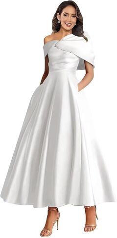 فساتين رسمية لأم العروس بطول الشاي للنساء على شكل حرف A بكتف واحد من الساتان لحفلات الزفاف مع جيوب in Kuwait