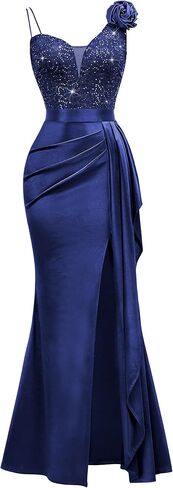 Miusol Women's Vintage V-Neck Ruched Sequined Split Spaghetti Straps Wedding Guest Long Dress in Kuwait