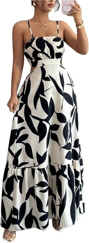 OYOANGLE Women's Cut Out Floral Print Tropical Maxi Cami Dress Ruffle Flowy Summer Vacation Spaghetti Strap Sundress in Kuwait