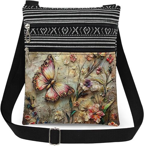 Pink Butterfly Floral Print Crossbody Bag Adult Messenger Bag Daily Use Purse Outdoor Travel Wallet Christmas Birthday Present for Butterfly Lover in Saudi Arabia