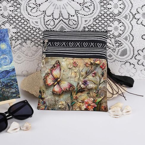 Pink Butterfly Floral Print Crossbody Bag Adult Messenger Bag Daily Use Purse Outdoor Travel Wallet Christmas Birthday Present for Butterfly Lover in Saudi Arabia