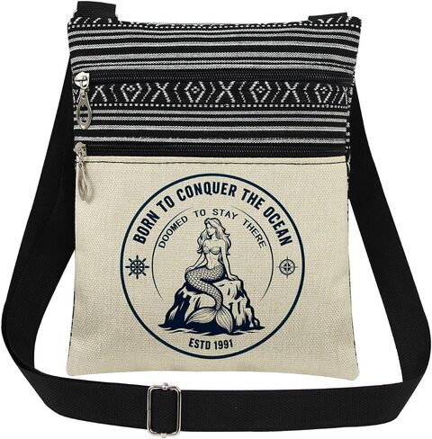 Vintage ESTD 1991 Mermaid Crossbody Bag Born to Conquer The Ocean Nautical Motto with Ship Wheel Adjustable Strap Messenger Bag Purse Sailors Gift Ocean Explorers Christmas Birthday Present in Saudi Arabia