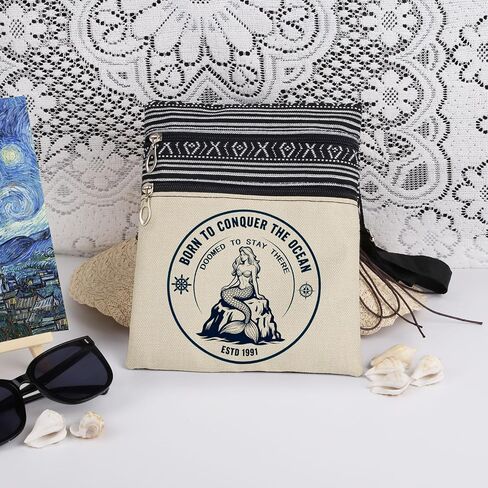 Vintage ESTD 1991 Mermaid Crossbody Bag Born to Conquer The Ocean Nautical Motto with Ship Wheel Adjustable Strap Messenger Bag Purse Sailors Gift Ocean Explorers Christmas Birthday Present in Saudi Arabia