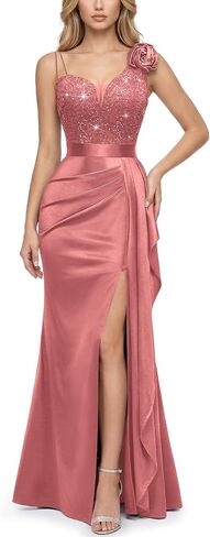 Miusol Women's Vintage V-Neck Ruched Sequined Split Spaghetti Straps Wedding Guest Long Dress in Kuwait