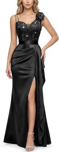 Miusol Women's Vintage V-Neck Ruched Sequined Split Spaghetti Straps Wedding Guest Long Dress in Kuwait