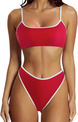 2 Piece Women's Contrast Trim Bikini Set,High Cut Crop Top Bathing Suit,Removable Padded Swimwear for Beach Vacation in Kuwait