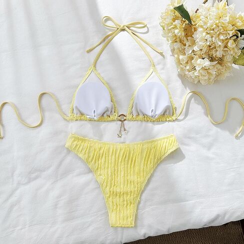 Women’s Ribbed Halter Bikini Set Triangle Top High-Waisted Bottom Two-Piece Swimsuit for Beach Pool in Kuwait