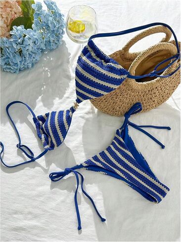 Verdusa Women's 2 Piece Striped Triangle Bikini Sets Crochet Cheeky Swimsuit Vacation Outfits in Kuwait