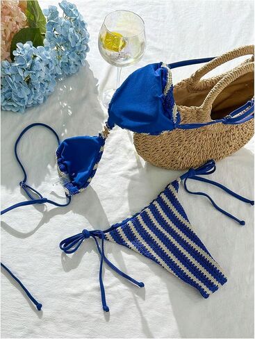 Verdusa Women's 2 Piece Striped Triangle Bikini Sets Crochet Cheeky Swimsuit Vacation Outfits in Kuwait