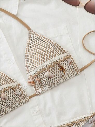 SHENHE Women's 2 Piece Crochet Mesh Bikini Sets Halter Triangle Top Tie Side Bathing Suit Shell Swimsuit in Kuwait