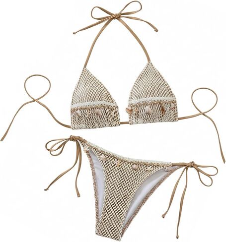 SHENHE Women's 2 Piece Crochet Mesh Bikini Sets Halter Triangle Top Tie Side Bathing Suit Shell Swimsuit in Kuwait
