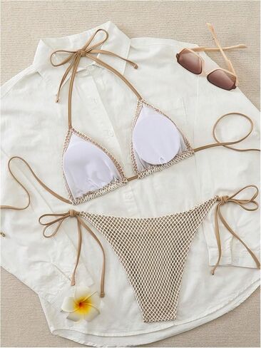 SHENHE Women's 2 Piece Crochet Mesh Bikini Sets Halter Triangle Top Tie Side Bathing Suit Shell Swimsuit in Kuwait