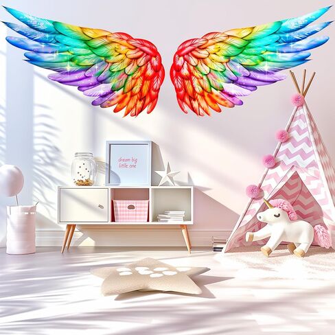 Rainbow Angel Wings Removable Vinyl Nursery Wall Decal Decor Art Sticker | Colorful Feather Wall Stickers for Kids Room - Fantasy Bird Wing Wall Decoration for Girls Living Room Bedroom Living Room in Saudi Arabia
