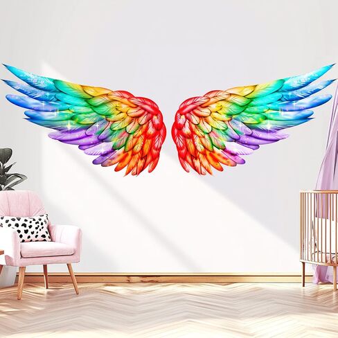 Rainbow Angel Wings Removable Vinyl Nursery Wall Decal Decor Art Sticker | Colorful Feather Wall Stickers for Kids Room - Fantasy Bird Wing Wall Decoration for Girls Living Room Bedroom Living Room in Saudi Arabia