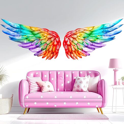 Rainbow Angel Wings Removable Vinyl Nursery Wall Decal Decor Art Sticker | Colorful Feather Wall Stickers for Kids Room - Fantasy Bird Wing Wall Decoration for Girls Living Room Bedroom Living Room in Saudi Arabia