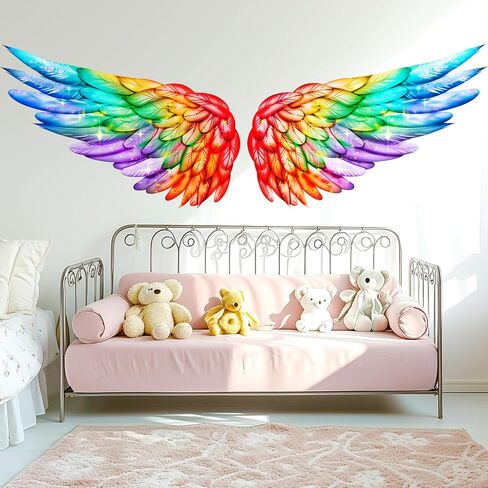 Rainbow Angel Wings Removable Vinyl Nursery Wall Decal Decor Art Sticker | Colorful Feather Wall Stickers for Kids Room - Fantasy Bird Wing Wall Decoration for Girls Living Room Bedroom Living Room in Saudi Arabia