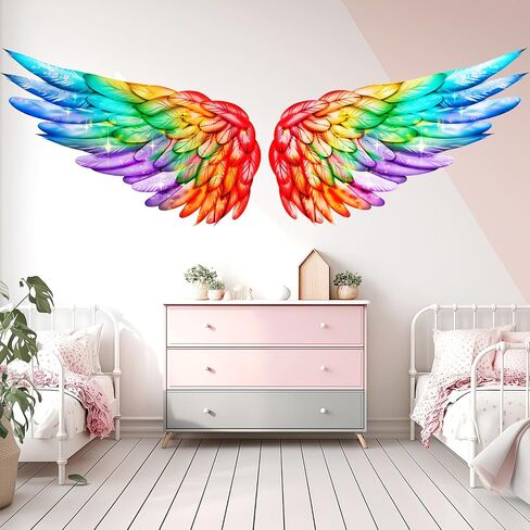 Rainbow Angel Wings Removable Vinyl Nursery Wall Decal Decor Art Sticker | Colorful Feather Wall Stickers for Kids Room - Fantasy Bird Wing Wall Decoration for Girls Living Room Bedroom Living Room in Saudi Arabia