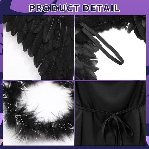 مجموعة Maiteenly Black Angel 4 قطع من أجنحة الملاك الداكن عصابة رأس بدون أكمام وقفازات من الساتان للنساء أزياء الهالوين in Kuwait