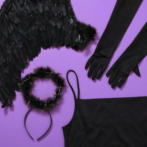 مجموعة Maiteenly Black Angel 4 قطع من أجنحة الملاك الداكن عصابة رأس بدون أكمام وقفازات من الساتان للنساء أزياء الهالوين in Kuwait
