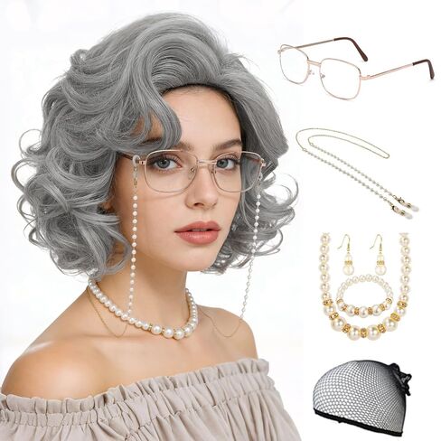 Old Lady Wig Costume Set for Women Grandma Costume Wig Short Grey Curly Granny Wigs Heat Resistant Synthetic Wigs for 100th Days of School Cosplay Halloween Use in Saudi Arabia