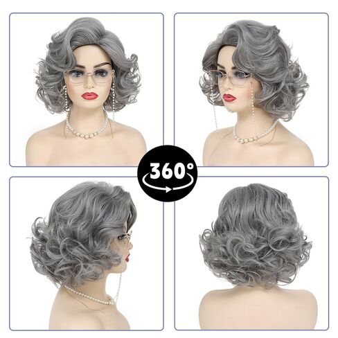 Old Lady Wig Costume Set for Women Grandma Costume Wig Short Grey Curly Granny Wigs Heat Resistant Synthetic Wigs for 100th Days of School Cosplay Halloween Use in Saudi Arabia