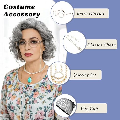 Old Lady Wig Costume Set for Women Grandma Costume Wig Short Grey Curly Granny Wigs Heat Resistant Synthetic Wigs for 100th Days of School Cosplay Halloween Use in Saudi Arabia