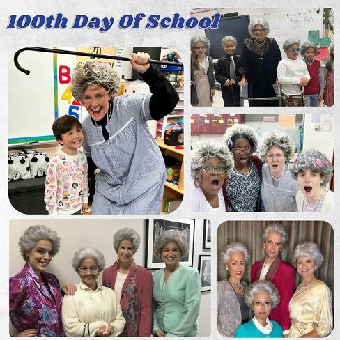 Old Lady Wig Costume Set for Women Grandma Costume Wig Short Grey Curly Granny Wigs Heat Resistant Synthetic Wigs for 100th Days of School Cosplay Halloween Use in Saudi Arabia
