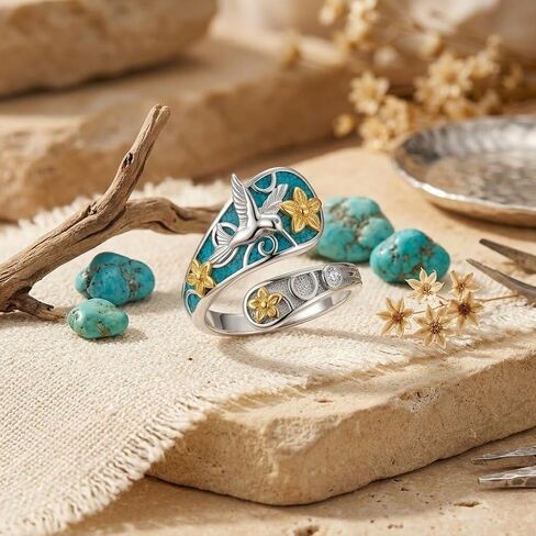 ONEFINITY Hummingbird Spoon Rings 925 Sterling Silver Turquoise Hummingbird Sunflower Thumb Wrap Rings Boho Western Jewelry Gift for Women in Kuwait