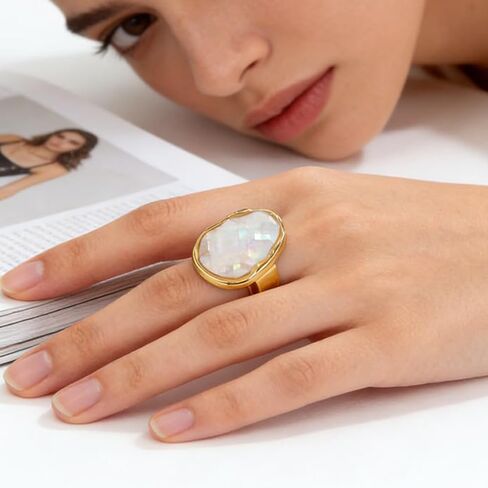Vintage Irregular Oval Shell Stone Adjustable Open Band Statement Ring for Women Men Elegant Gold-Tone Geometry Statement Stacking Finger Band Wedding Party Fashion Jewelry in Saudi Arabia