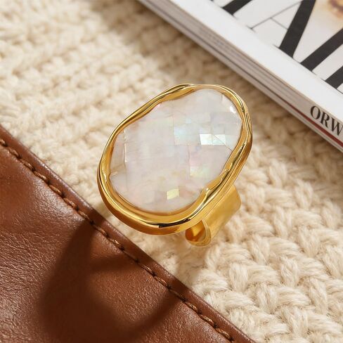 Vintage Irregular Oval Shell Stone Adjustable Open Band Statement Ring for Women Men Elegant Gold-Tone Geometry Statement Stacking Finger Band Wedding Party Fashion Jewelry in Saudi Arabia