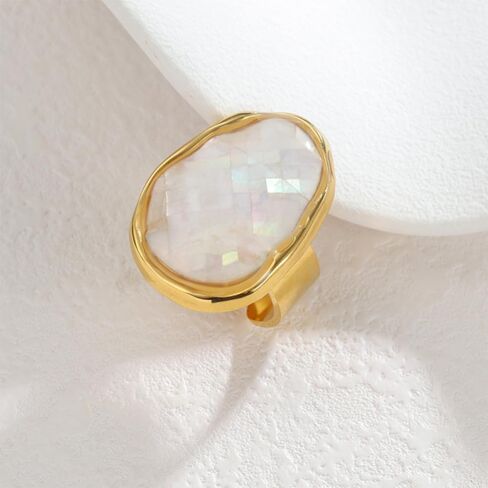 Vintage Irregular Oval Shell Stone Adjustable Open Band Statement Ring for Women Men Elegant Gold-Tone Geometry Statement Stacking Finger Band Wedding Party Fashion Jewelry in Saudi Arabia