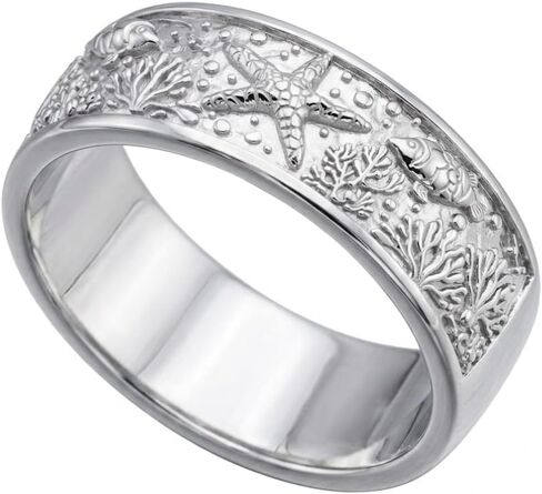 925 Sterling Silver Ocean Sea Life Band Ring, Starfish Coral Reef Engraved Wide Statement Ring for Women Men, Beach Nautical Ring in Saudi Arabia