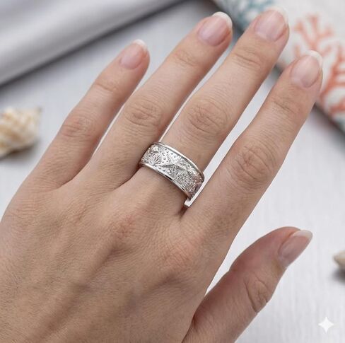 925 Sterling Silver Ocean Sea Life Band Ring, Starfish Coral Reef Engraved Wide Statement Ring for Women Men, Beach Nautical Ring in Saudi Arabia