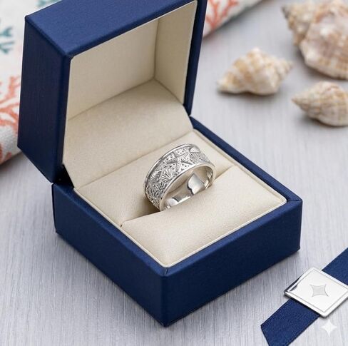 925 Sterling Silver Ocean Sea Life Band Ring, Starfish Coral Reef Engraved Wide Statement Ring for Women Men, Beach Nautical Ring in Saudi Arabia