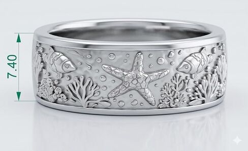 925 Sterling Silver Ocean Sea Life Band Ring, Starfish Coral Reef Engraved Wide Statement Ring for Women Men, Beach Nautical Ring in Saudi Arabia
